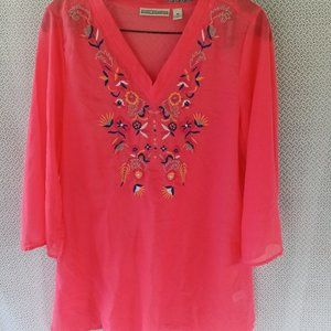 DANA BUCHMAN Coral Tunic Medium 3/4 Sleeve Embroidered Sheer Colorful Floral A9